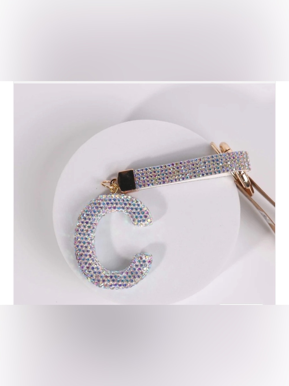 Crystal Pavé 'C' Keychain Charm in Iridescent White - Brand: